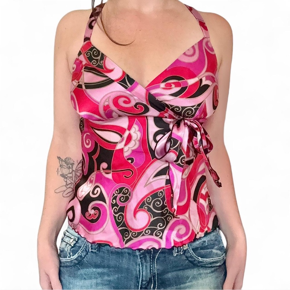 Sz 4 Vintage Bisou Bisou Satin Pink Black Abstract Retro Sleeveless Babydoll Top